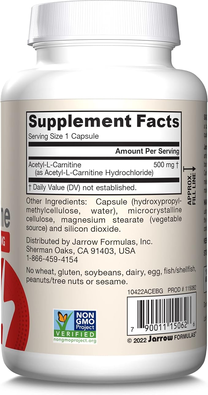 Jarrow Formulas® Acetyl L-Carnitine 500 mg, Dietary Supplement, Amino Acid Support for Brain Health and Antioxidants, 120 Veggie Capsules, 120 Day Supply