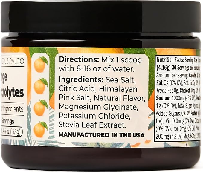 Santa Cruz Paleo Electrolyte Powder Orange with Himalayan & Sea Salt, Magnesium, Potassium, Sugar-Free, 30 Servings