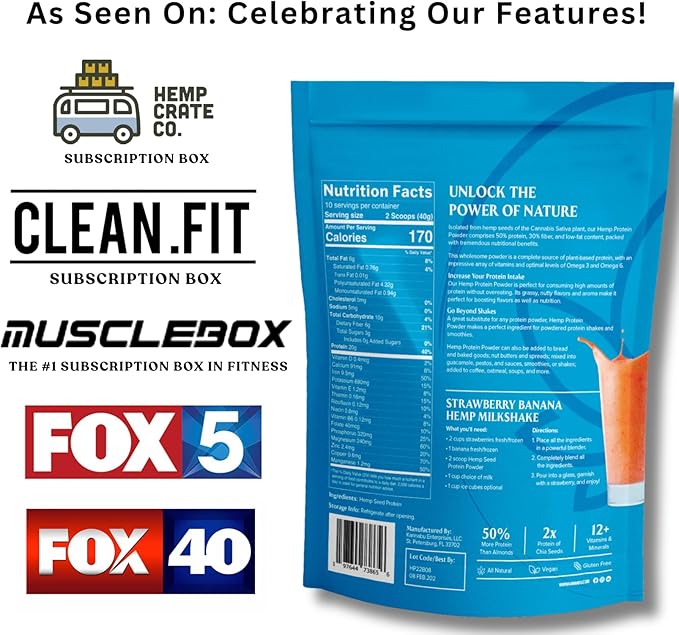 Hemp Protein Powder | 20G Plant Protein Per Serving | All Natural Fiber Iron Potassium Magnesium Omega 3 6 9 | Hemp Seeds Superfood | Vegan Gluten Free Kosher Keto (14.8 oz - Pack of 1)