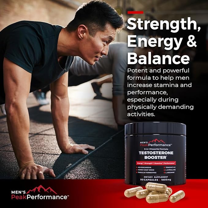 MEN'S PeakPerformance - Testosterone Booster Supplement for Men - Boost Stamina, Muscle Growth, Energy, Strength, Endurance & Drive - Ashwagandha, Tribulus, L-Arginine, Tongkat Ali- 90 Capsules