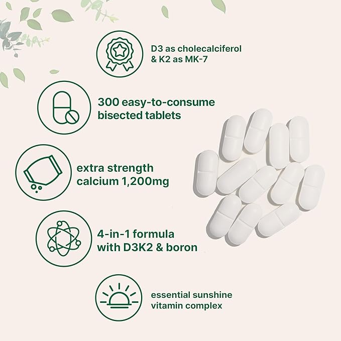 Micro Ingredients Calcium Supplements for Women and Men, 300 Tablets | Calcium 1,200 mg with Vitamin D3 & K2 (MK-7) & Boron + Mineral Complex | Supports Bone, Immune & Heart Health | Non-GMO