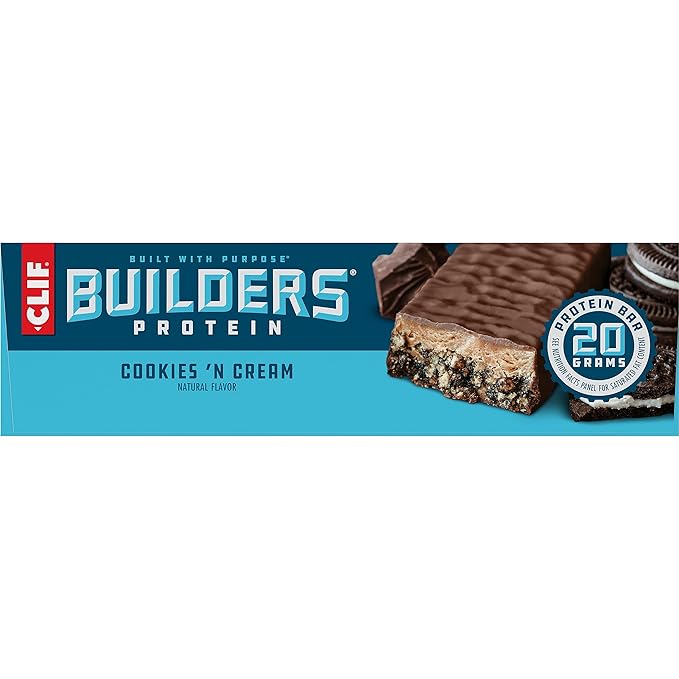CLIF BUILDERS Protein Bars - Cookies 'n Cream Flavor - 20g Plant Based Protein - Gluten Free - Non-GMO - Low Glycemic - No Artificial Sweeteners - 2.4 oz. (12 Pack)
