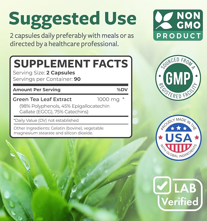 Green Tea Extract Capsules 98% with EGCG - 180 Count (Non-GMO) for Natural Metabolism Boost - Leaf Polyphenol Catechins - Antioxidant Supplement - Green Tea Pills - 1000mg (500mg per Capsule)