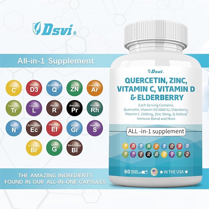 Quercetin 1000mg Zinc 50mg Vitamin C 1000mg Vitamin D 5000IU Immune System Support Supplement with Echinacea Ginger Bromelain Sea Moss Garlic Nettle Vegan Capsules for Men and Women,60 Count USA