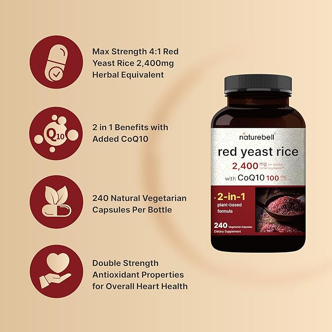 Red Yeast Rice 2,400mg with CoQ10, 240 Veggie Capsules (1,200mg Per Capsule) | Advanced Heart Health Herbal Supplement – Antioxidant Support for Energy & Heart Health – Non-GMO