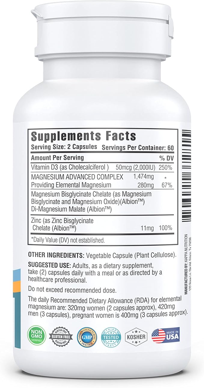 (120 Capsules), Glycinate, Bisglycinate, Malate, Zinc, Vitamin D3 for Brain, Sleep, Cramps, Headaches, Energy, Bones, Immune, Providing 280mg Elemental Magnesium, from KAPPA NUTRITION