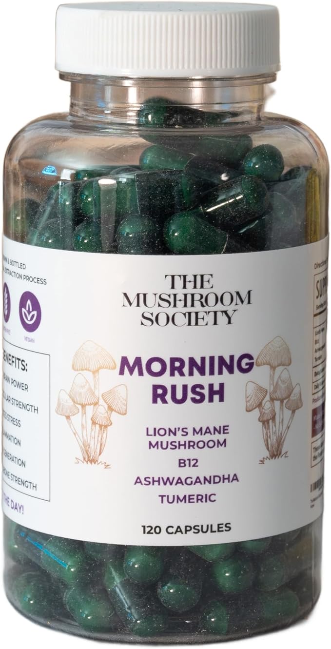 Morning Rush - Lion’s Mane, Turmeric & Ashwagandha Extract Blend - Mushroom Supplement for Focus & Energy Support - 120 Capsules
