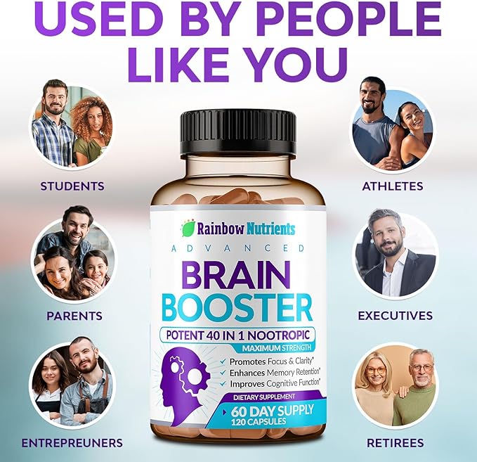40-in-1 Brain Booster Supplements for Memory, Focus, Clarity, Energy, Performance | Natural Nootropic Brain Support Supplement with DMAE, Bacopa Monnieri & More | For Men & Women | 120 V Capsules