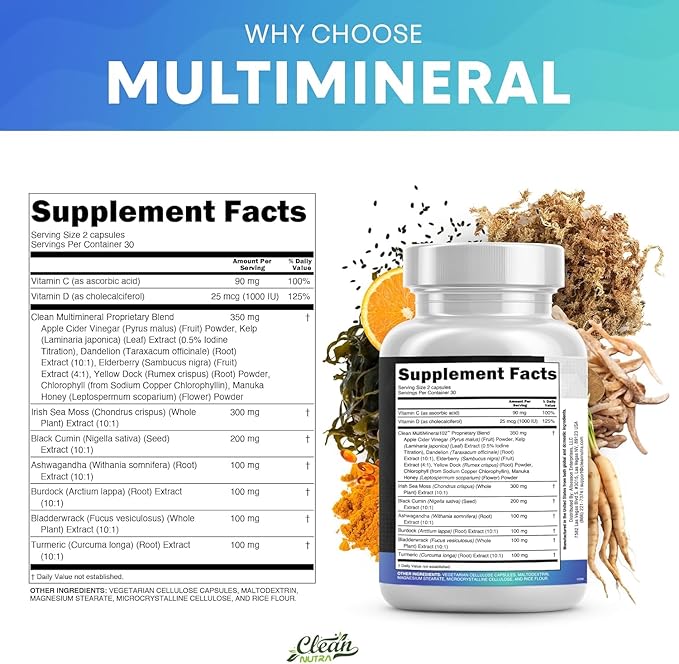 Clean Nutraceuticals Sea Moss Black Seed Oil Ashwagandha Turmeric Bladderwrack Burdock & Vitamin C Vitamin D3 with Elderberry Manuka Dandelion Yellow Dock Iodine Chlorophyll ACV - 2Pack
