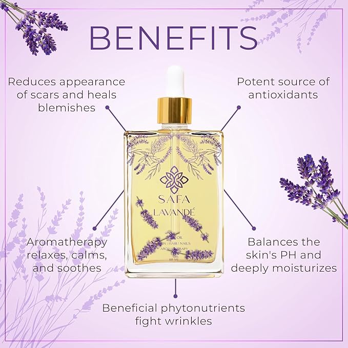 SAFA Lavandé Oil for Face, Body, Hair & Nails - English & French Lavender Essential Oil for Cuticles | Skin Moisturizer | After Shower Scented Body Oil for Long Lasting Fragrance | 4 Fl Oz