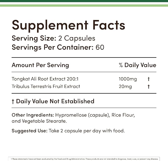 Tongkat Ali - 1000mg (2 Month Supply) - Men's Health - 200:1 Extract of (Longjack) Eurycoma Longifolia, with 20mg Tribulus Terrestris (Third Party Tested) by Double Wood