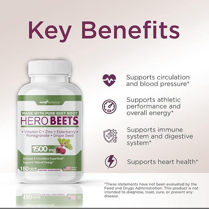 Gade Nutrition Hero Beets - Beet Root Capsules 1500mg - Organic Beet Root Powder + Vitamin C Zinc, Elderberry, Pomegranate, Grape Seed Extract - 3 Months Supply