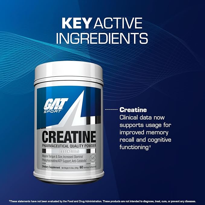 GAT SPORT Creatine Monohydrate Powder, 300 Grams, Strength, Brain Health, Anti-oxidant, Endurance, for Men & Women, 2 Month Supply, Unflavored (60 Servings)