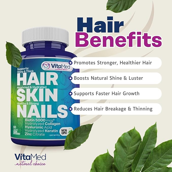 Hair, Skin, and Nails Vitamins – Complete Formula with Biotin 5000mcg, Collagen, Zinc, Keratin, and Hyaluronic Acid for Hair Growth, Strong Nails, and Glowing Skin – 180 Tablets