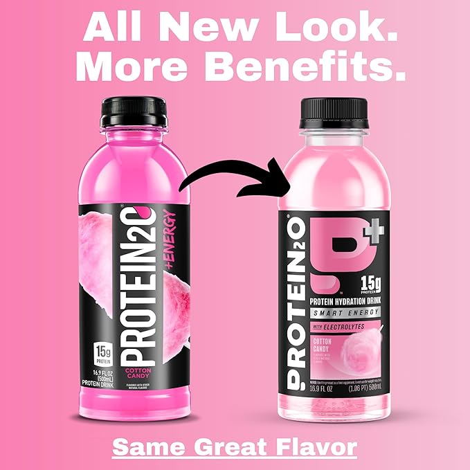 Protein2o 15g Whey Protein Isolate Hydration Drink Plus Energy & Focus, 350mg of Electrolytes, Vitamins B5 & B6, Sugar Free, Cotton Candy, 16.9 oz Bottle (Pack of 12)