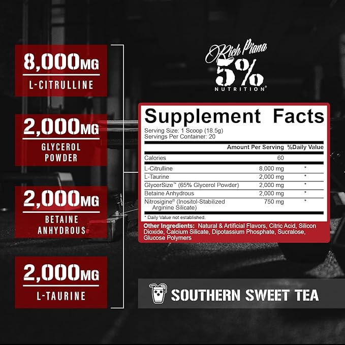5% Nutrition FullAF Pre-Workout | Stim-Free with Massive Pumps | L-Citrulline, L-Taurine, Nitrosigine, GlycerSize | 13.05 oz (Southern Sweet Tea)