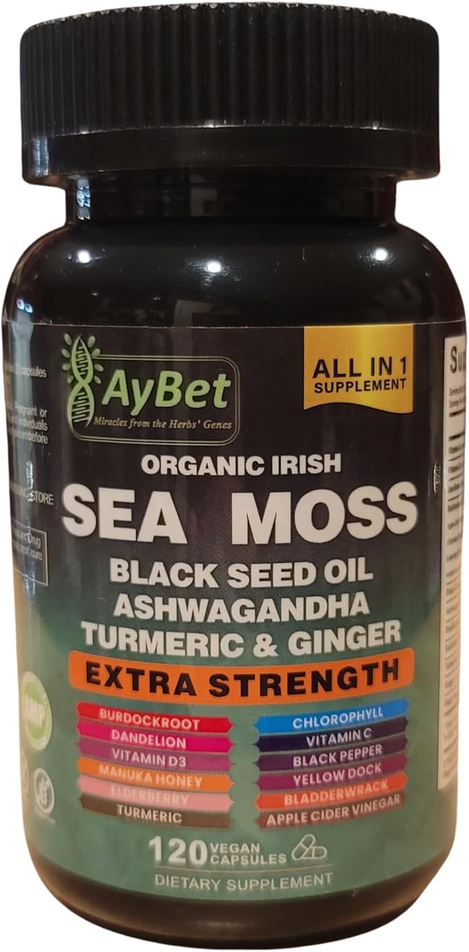 Organic Irish Sea Moss, Black Seed Oil, Ashwagandha, Turmeric,Ginger Capsule, Bladderwrack, Burdock, VIT C&VIT D3, Elderberry, Manuka Honey, Dandelion, Yellow Dock, Apple Cider Vinegar, Halal, Vegan