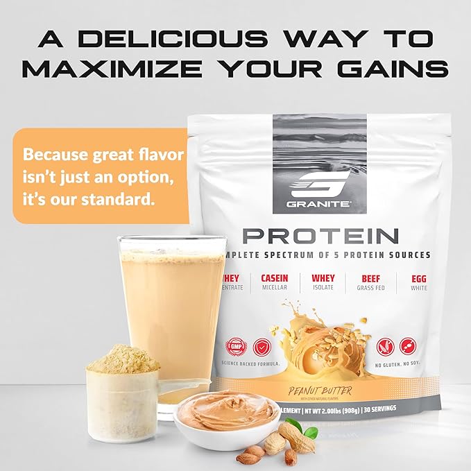 Granite Nutrition Protein Powder - Premium 5-Source Blend (Whey, Casein, Egg, Grass-Fed Beef) for Lean Muscle and Recovery - Peanut Butter Flavor, 30 Servings