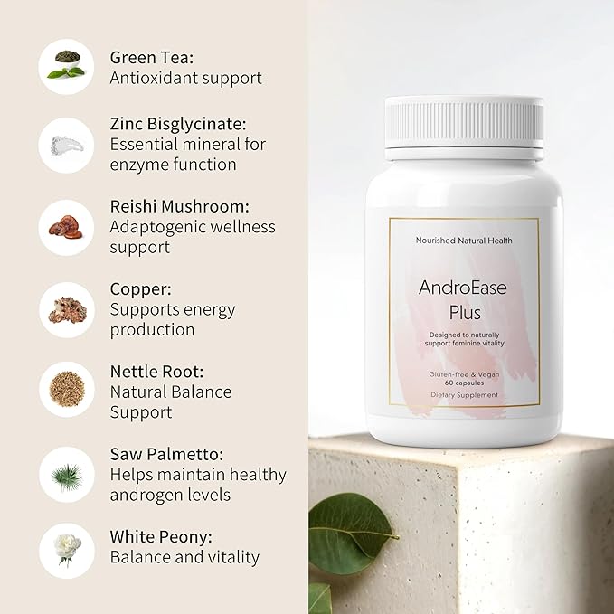 Nourished AndroEase Plus - Natural Balance Supplement for Women - Vegan Formula with Zinc & Saw Palmetto - 180 Capsules for Daily Wellness & Vitality - Made in USA