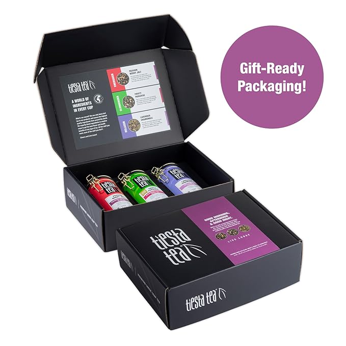 Tiesta Tea - Tea Tin Assorted Blends Loose Leaf Father’s Day Tea Gift Set Sampler | High to No Caffeine | Hot & Iced Ready | Passion Berry Jolt, Fruity Paradise, Lavender Chamomile Blends | 3 Tins