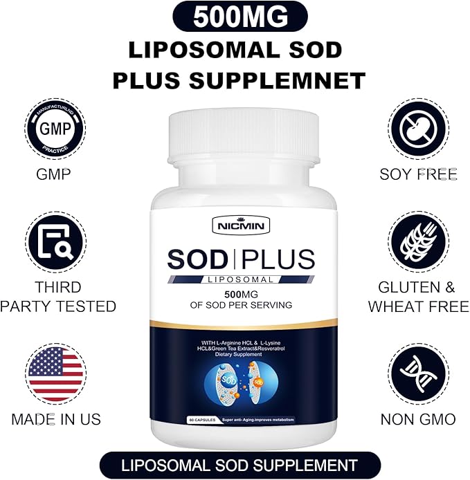 Superoxide Dismutase Supplement 500mg - SOD Plus with Liposomal Glutathione, AKG, Green Tea Extract, L-Arginine, Lysine, Resveratrol and Vitamin E for Immune Support, Antioxidant 180 Capsules
