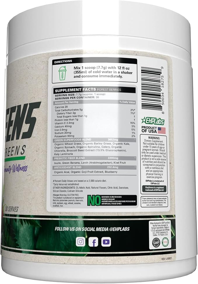 EHP Labs OxyGreens Super Greens Powder – Daily Greens & Superfood Supplement with Spirulina, Chlorella, Prebiotics, Digestive Enzymes, Antioxidants – 30 Servings (Forest Berries)