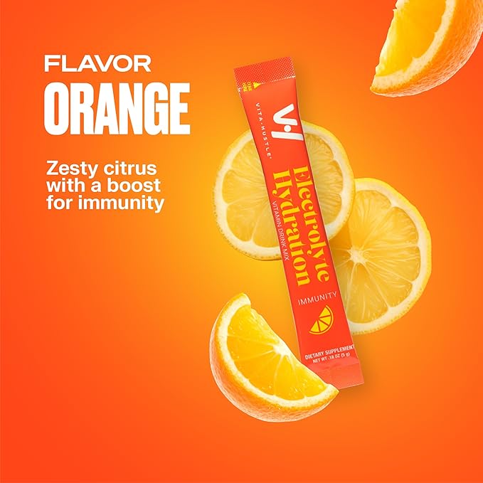 VitaHustle Electrolyte Hydration Immunity Drink Mix, Caffeine Free Stick Packs, Beta Glucan, Vitamin C, Elderberry (6 Count, Orange)