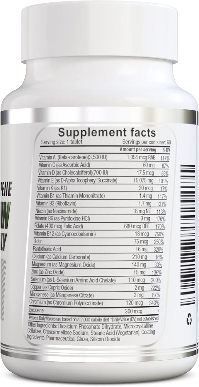Multivitamin Once Daily, Max Strength Vitamins A, C, D, E, K, B1, B2, B6, B12, Niacin, Calcium, Magnesium, Zinc, Selenium, Copper, Manganese, Chromium with Lycopene, 60 Count 2 Mo Supply