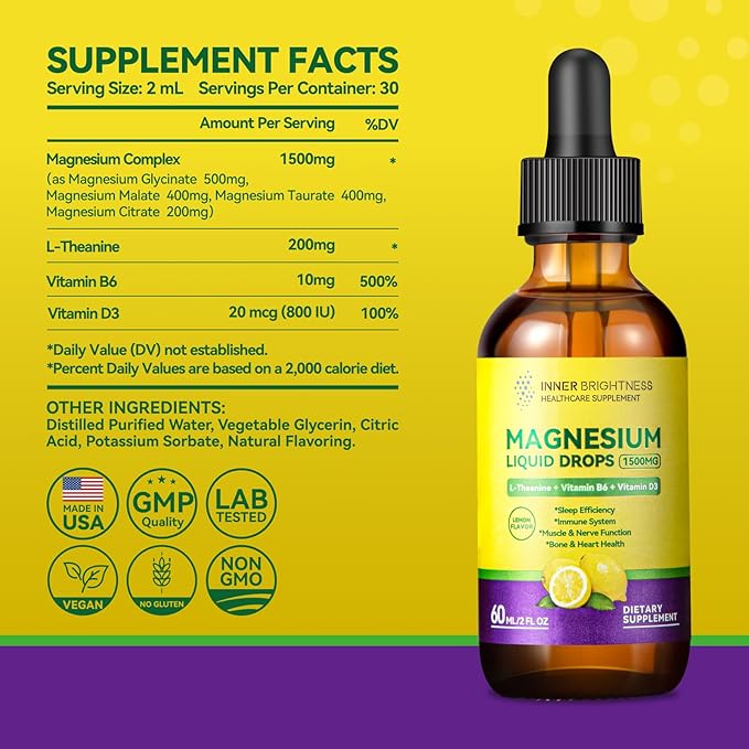 Magnesium Glycinate Liquid Drops 1500mg with Magnesium Citrate & Taurate, L-Theanine, Vitamin D3, B6 - Supports Calm, Sleep, Muscle Relaxation, Leg Cramps & Energy, Lemon Flavor, 60 mL