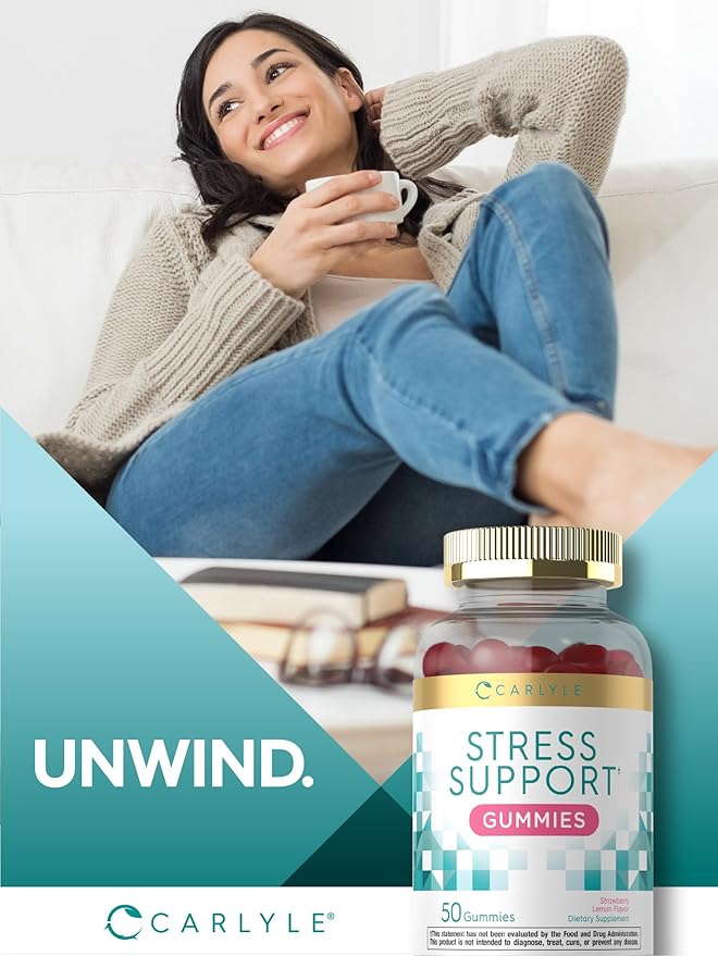Carlyle Stress Support Gummies | 50 Count | with GABA and L-Theanine | Strawberry Lemon Flavor | Non-GMO, Gluten Free Supplement