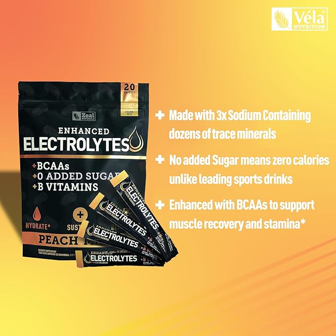 Enhanced Electrolyte Powder (Peach Mango 20pk.) w 0 Sugar +BCAAs +B-Vitamins Electrolyte Supplement w Potassium Zinc & Magnesium for Hydration - Keto Electrolytes