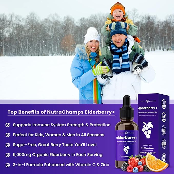 NutraChamps Organic Elderberry Syrup - 5000mg Elderberry Extract with Vitamin C & Zinc - Black Elderberry Liquid Drops - Sugar-Free Immunity Booster, Vegan, Gluten-Free Elderberry Supplement