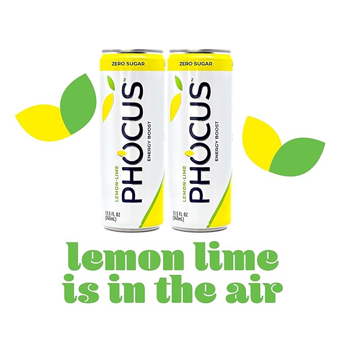 PHOCUS Energy Drink, Lemon Lime Sparkling Water, 75mg Natural Caffeine Plus L-Theanine, Zero Sugar, Zero Calories, No Artificial Sweeteners, 11.5 fl oz Cans (Pack of 12)