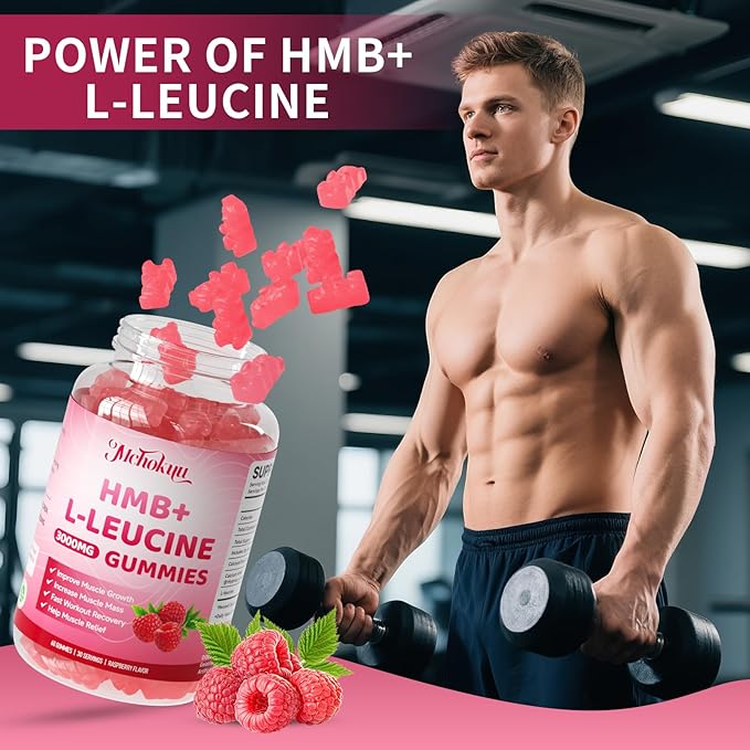 HMB and Leucine Gummies 3000mg, Leucine Amino Acid HMB Supplements for Men & Women for Muscle Growth, Muscle Relief and Workout Recovery, Sugar Free Vegan Non-GMO, Raspberry Flavor, 60 Count