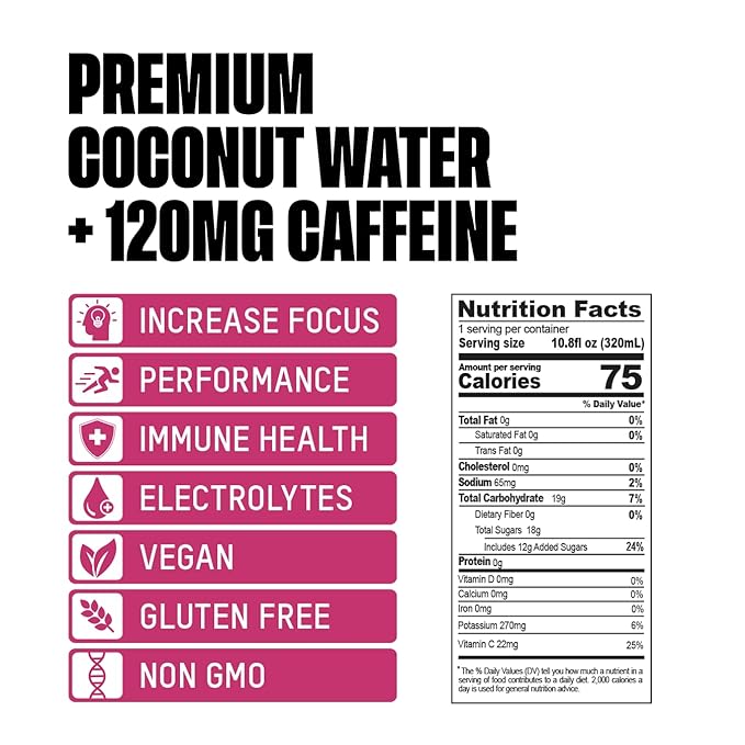 Once Upon a Coconut Sparkling Coconut Water + Caffeine | Electrolyte Drinks for Energy + Focus with Vitamin C - Pack of 12 Cans (each 10.8 fl oz)