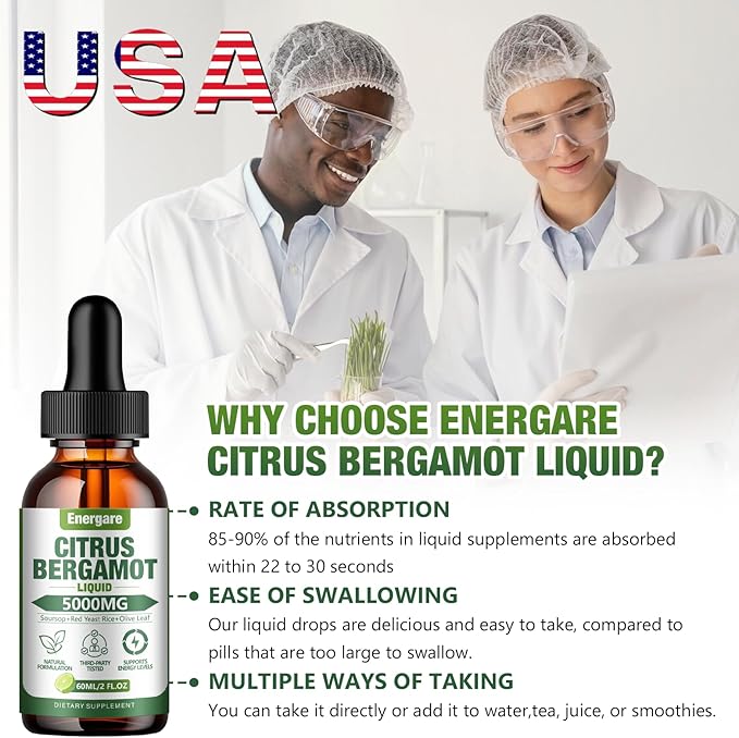2 Packs Citrus Bergamot Liquid Drops, Bergamot Supplement For High Cholesterol - Soursop, Red Yeast Rice, Olive Leaf - All - Natural, Heart Immune Support & Antioxidant, Soursop Bitters Liquid,4 Fl Oz