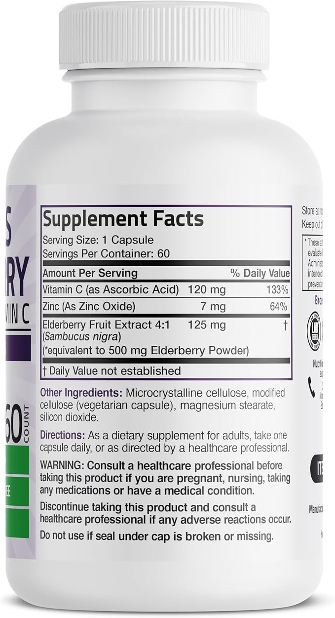 Bronson Sambucus Elderberry with Zinc & Vitamin C Triple Immune Support Complex Immune & Antioxidant Protection, Non-GMO, 60 Vegetarian Capsules