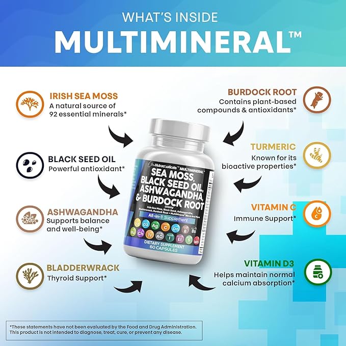 Clean Nutraceuticals Sea Moss Black Seed Oil Ashwagandha Turmeric Bladderwrack Burdock & Vitamin C Vitamin D3 with Elderberry Manuka Dandelion Yellow Dock Iodine Chlorophyll ACV - 2Pack