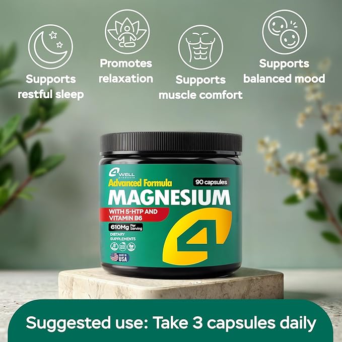 Advanced Magnesium Complex 610Mg - Magnesium Glycinate & Citrate with Vitamin B6 for 3X Absorption & 5-HTP - for Nerves, Bones, Muscles Health & Energy Support - Vegan - Non-GMO - 90 Capsules