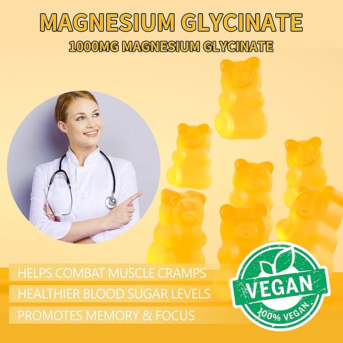 Magnesium Glycinate Gummies 1000mg - Sugar Free Magnesium Potassium Supplement with Vitamin D, B6, CoQ10 for Calm Mood & Sleep Support - 180 Mango Pineapple