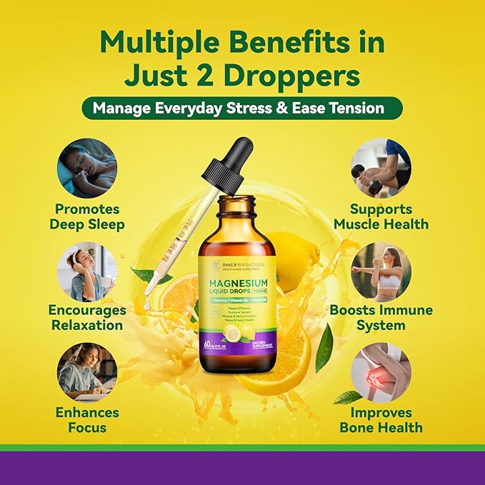 Magnesium Glycinate Liquid Drops 1500mg with Magnesium Citrate & Taurate, L-Theanine, Vitamin D3, B6 - Supports Calm, Sleep, Muscle Relaxation, Leg Cramps & Energy, Lemon Flavor, 60 mL