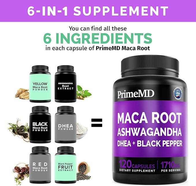 6-in-1 Organic Maca Root Ashwagandha Capsules 1710mg with DHEA and Black Pepper Fruit Extract for Women and Men - Black Maca Supplement for Stamina, Bone and Mood Support Supplement, 120ct (Pack of 2)