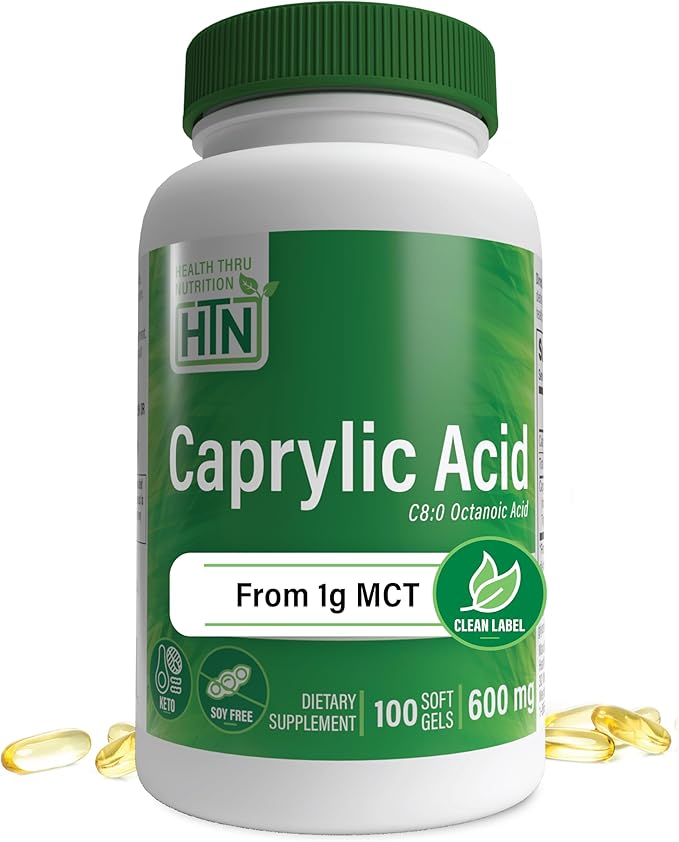 Health Thru Nutrition Caprylic Acid 600mg 100 Softgels | C8 Octanoic Acid from Pure 1g MCT Oil | Non-GMO & Soy Free | Support Healthy Digestive and Intestinal Health | Keto Friendly