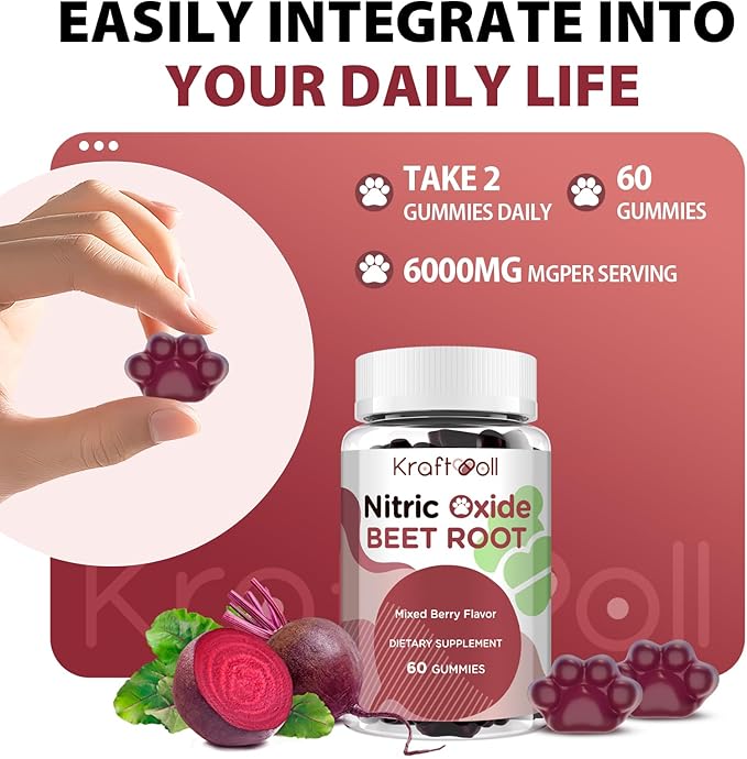 Nitric Oxide Beet Root Gummies with Grapeseed Powder, Pomegranate Powder, Vitamin C & B12 – Sugar-Free, Mixed Berry Flavor – 60 Gummies