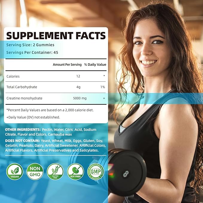 Creatine Monohydrate Gummies 5000mg for Men & Women, Chewables Creatine Monohydrate for Muscle Strength, Muscle Builder, Energy Boost, Pre-Workout Supplement(180 Count)-Blueberry 2pack