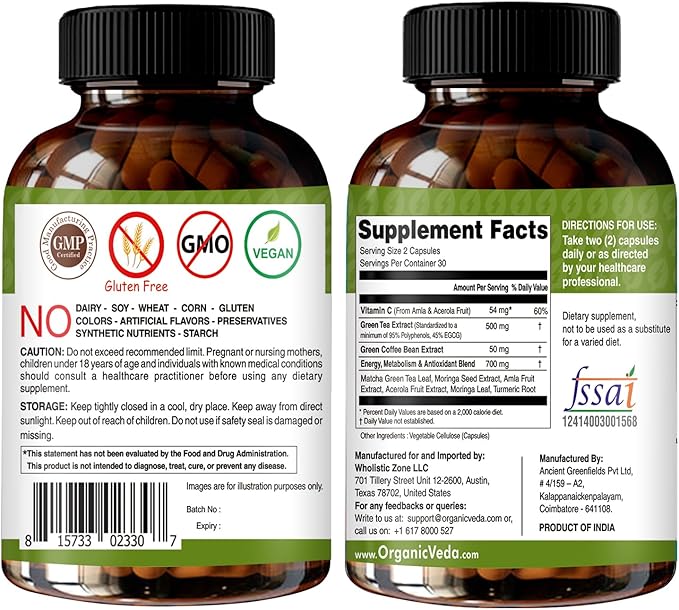 Organic Veda Green Tea Extract ECGC Capsules - Antioxidants Rich Matcha, Green Coffee Bean, Turmeric, Moringa, Vitamin C - Energy, Metabolism, Brain, Immune & Heart Health Supplement - 60 Pills