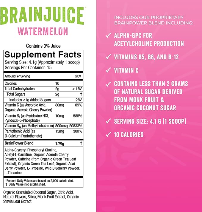 BrainJuice Nootropics Brain Support Supplement, Gluten Free Powder for Energy and Focus, Drink Mix with L Theanine, Alpha GPC, Vitamin B, Organic Green Tea Extract Caffeine, Watermelon, 15 Servings