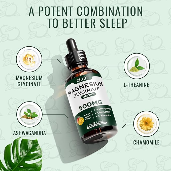 Magnesium Glycinate Supplement, Magnesium Liquid Drops with Magnesium Glycinate 500mg Ashwagandha, L - Theanine, Chamomile -Support Stress Relief, Bone, Muscle, Mood Vegan Natural Mango Flavor 2 Pack