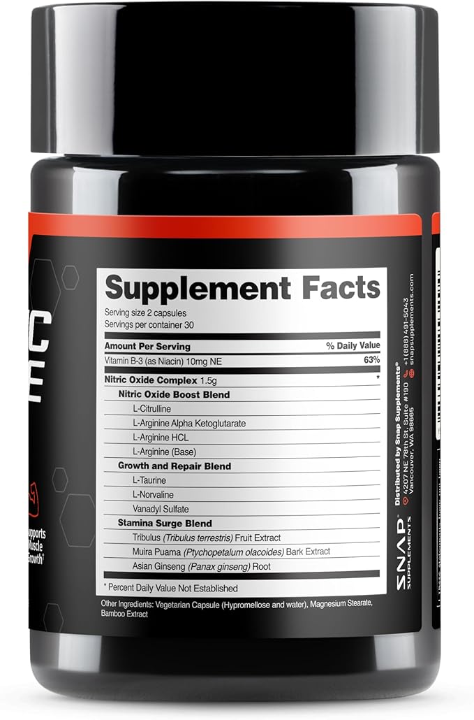 Snap Supplements Nitric Oxide Booster Supplement with L Arginine and L Citrulline Essential Amino Acids and Ginseng Root, Energy, Heart Health, Muscle Growth & Circulation Support, 60 Capsules