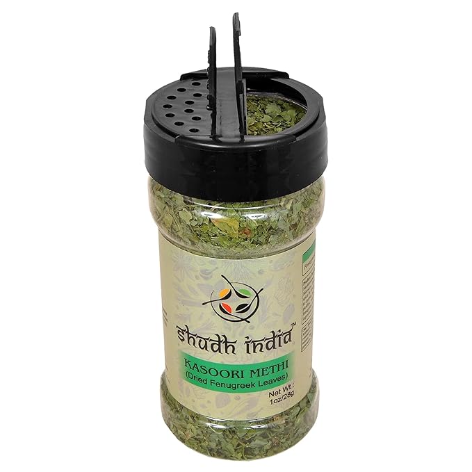 Shudh India 100% Pure Dried Fenugreek Leaves (Kasoori Methi), 1oz (28g), All Natural, Salt-Free, No Added Preservatives, Strong Aroma, Whole Leaves, Vegan, No Color, Gluten Friendly, NON-GMO, Indian Origin